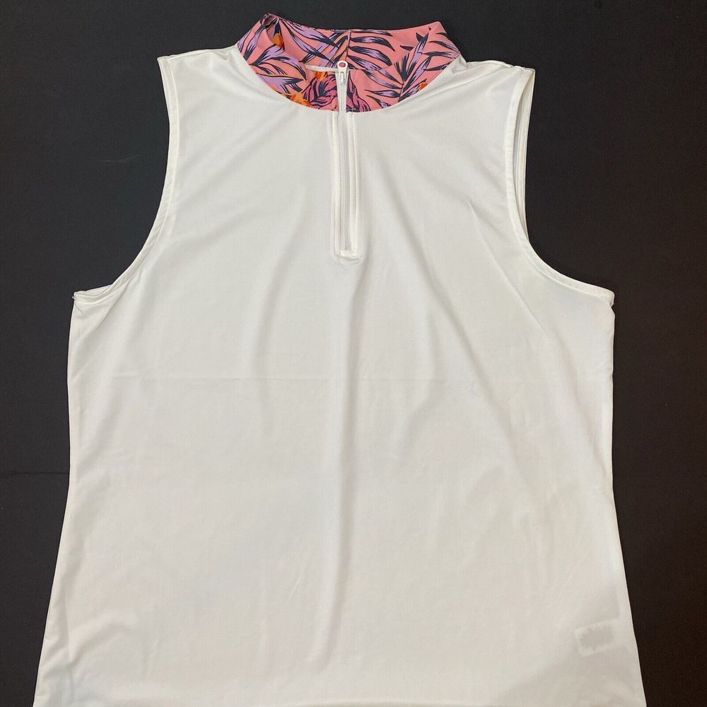 Tommy Bahama Womens 1/4 Zip Sleeveless Golf Polo Shirt White & Floral Size XL